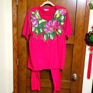 Pink hand painted gold, green, fuschia tee and pull on pant set-vintage.